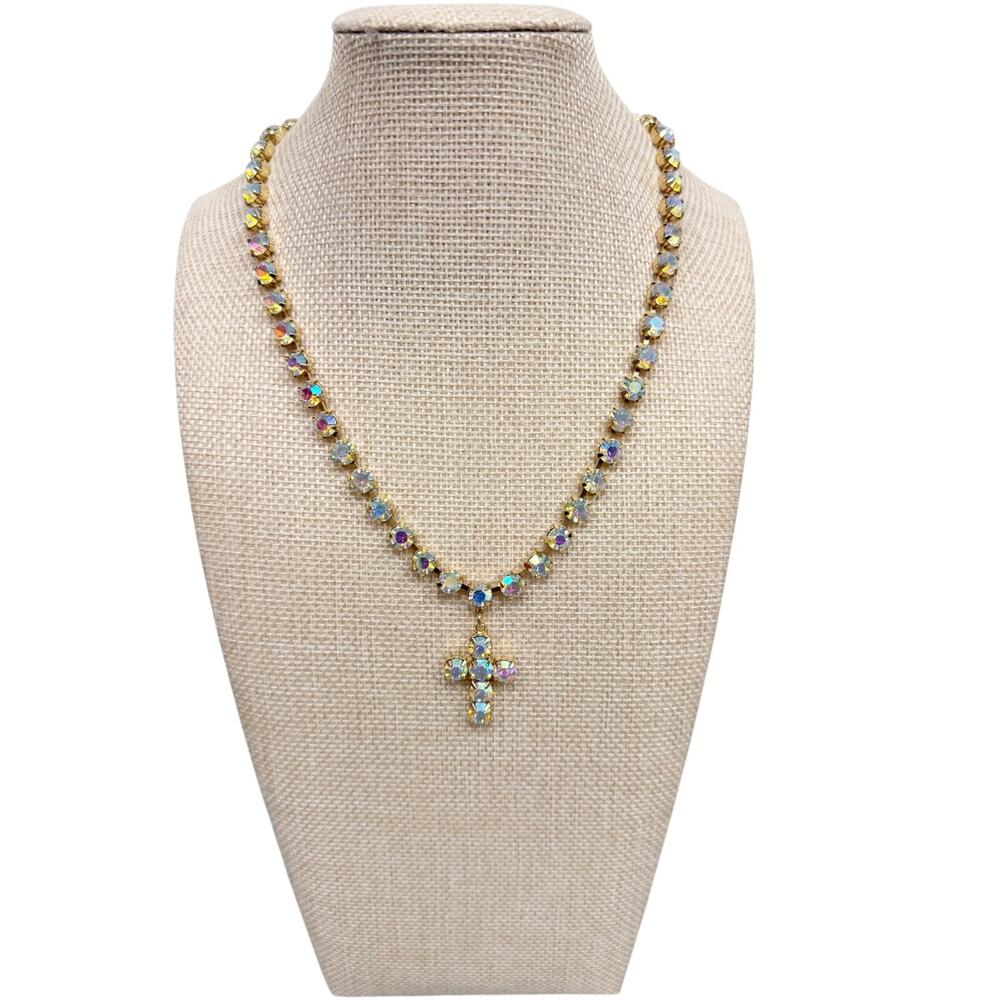 18K Gold Dipped AB Rhinestone Necklace with Cross